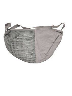 Large Gray Half-Moon Shoulder Bag With Mesh Detail & Zippered Closure 20x11in